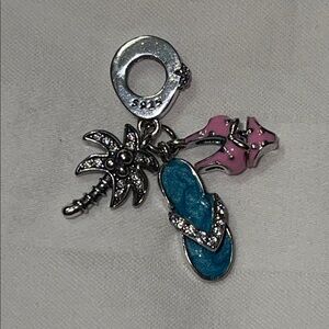 Pandora 925 Sterling Silver Palm Tree, Blue Beach Sandal & A Pink Bikini Charm